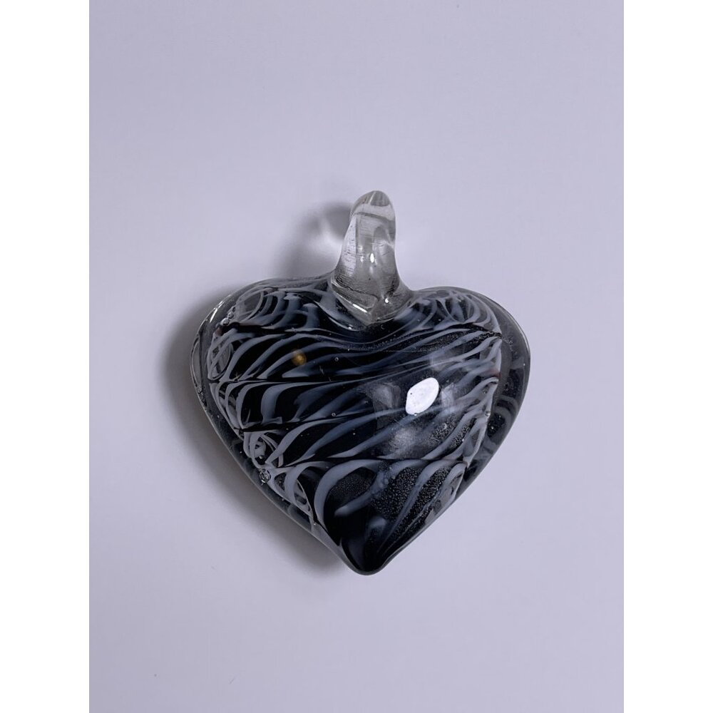 Art Glass Black & White Heart Pendant With Swirl Design